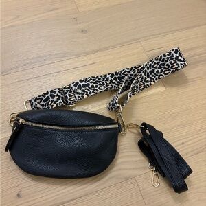 Black Leather Crossbody Bag with Leopard Strap